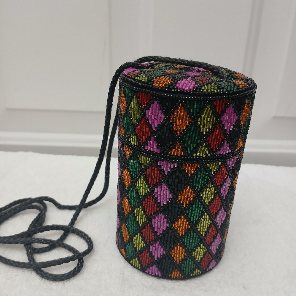 Bob Mackie Colorful Diamond Design Cylinder Beaded Bucket Bag Purse
